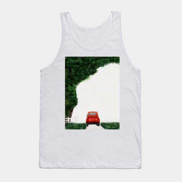 Vintage Red Truck on Country Road with White Picket Fence and Lush Tree Watercolor Tank Top by penandbea